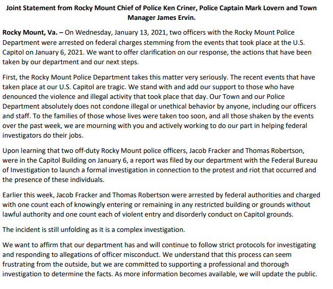 Joint Statement from Rocky Mount Chief of Police Ken Criner, Police Captain Mark Lovern and Town Manager James Ervin